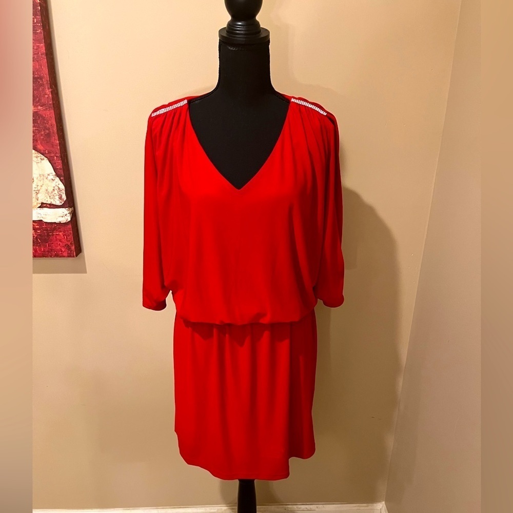 V NECK MINI CHRISTMAS PARTY DRESS WITH RHINESTONE ACCENTS BY PRELUDE, SIZE 6